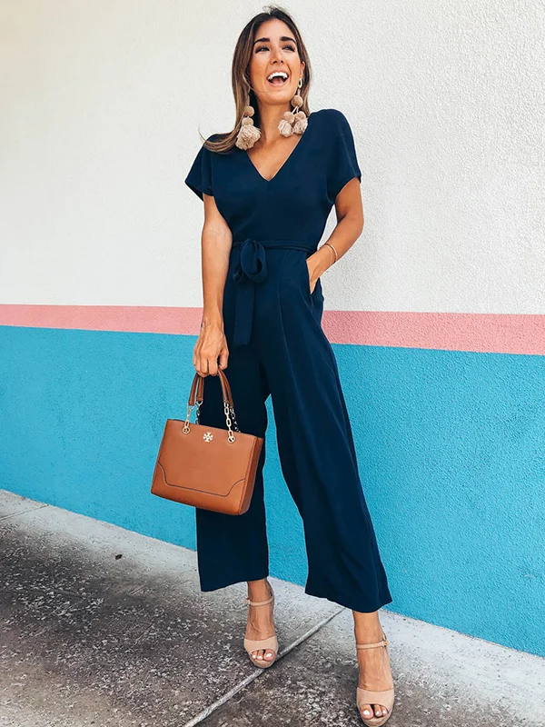 Casual Roomy Wide Leg Belted Pure Color V-Neck Jumpsuits