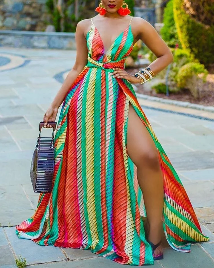 Color Striped Print Maxi Dress