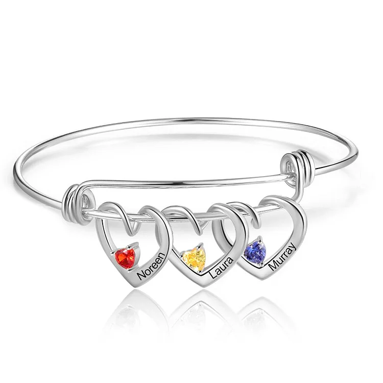 Heart Pendants Bangle Bracelet with 3 Names and Birthstones Gifts for Mom