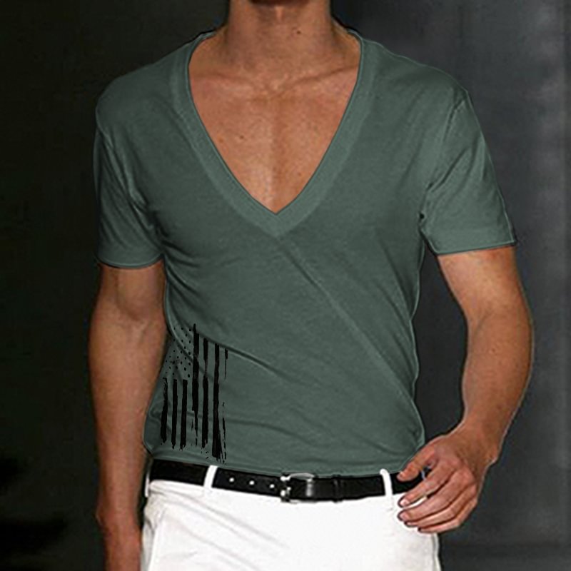 Men's Flag Print Patriotic Independence Day Casual Deep V Neck T-Shirt