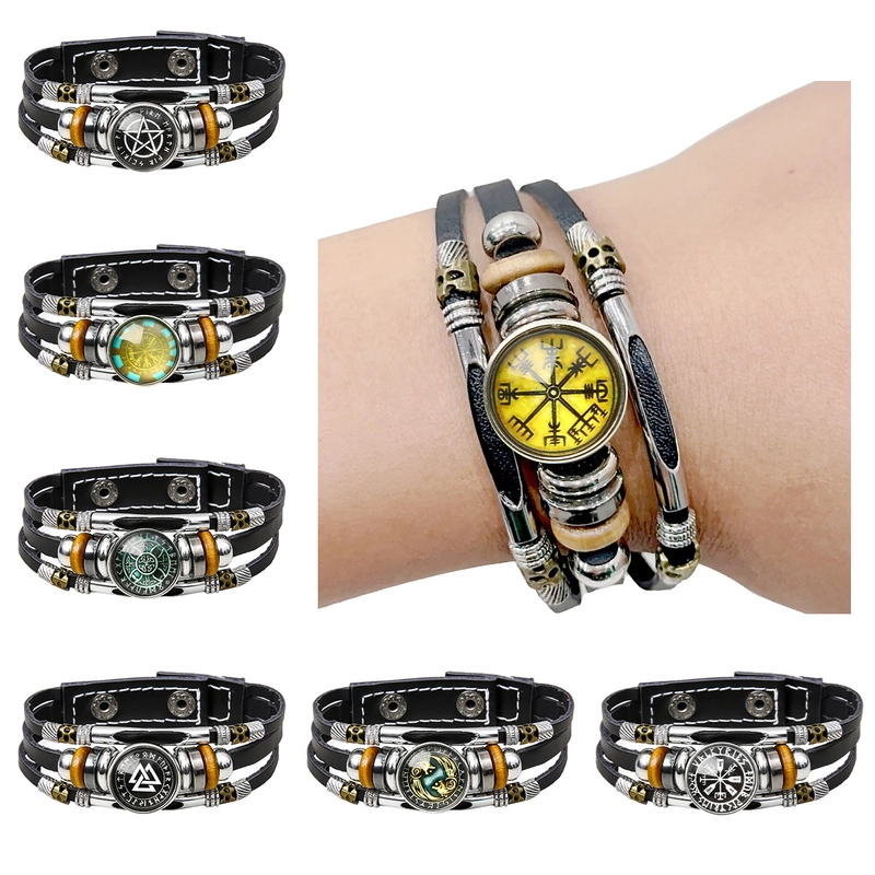 Hot Sale Viking Pirate Compass Pattern Leather Bracelet Retro Multi-Layer Beaded Bracelet