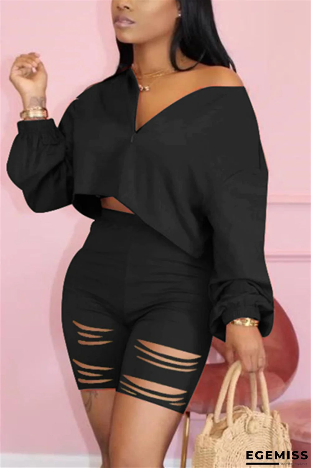 Black Fashion Casual Broken Hole Pants Set | EGEMISS
