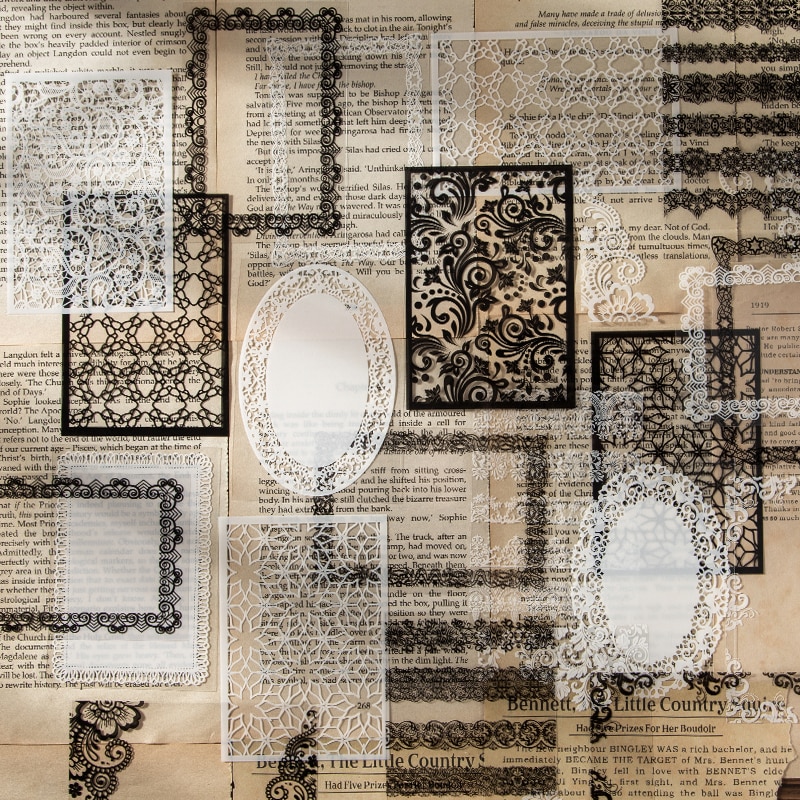 Journalsay 30매 레이스 PET 스티커 북 DIY 흑백 잉크 저널 장식 콜라주 스크랩북 스티커