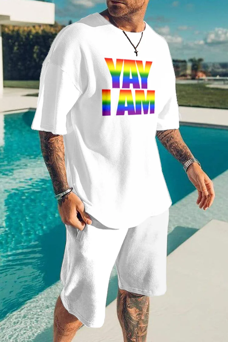 Yay I Am Print T-Shirt And Shorts Two-Piece Set