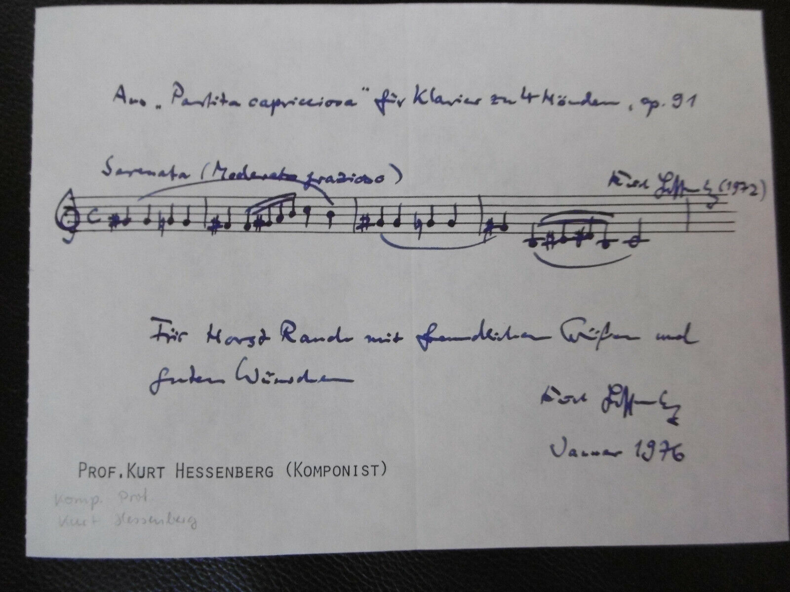 Kurt Hessenberg Composer Musical Quote signed 6x8 inch paper autograph