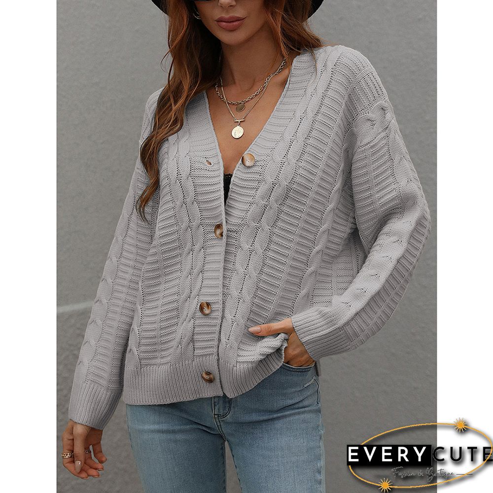 Light Gray Button Loose Cable Knitted Cardigan
