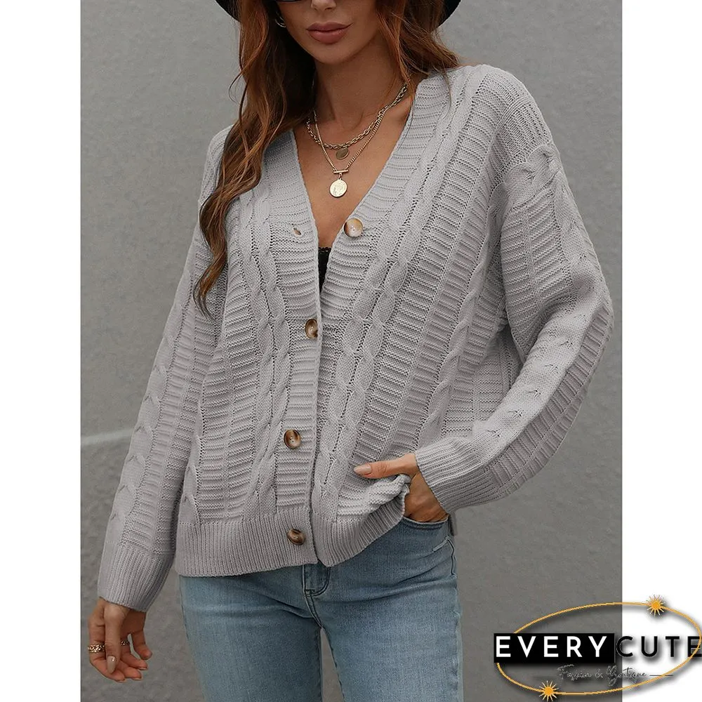 Light Gray Button Loose Cable Knitted Cardigan