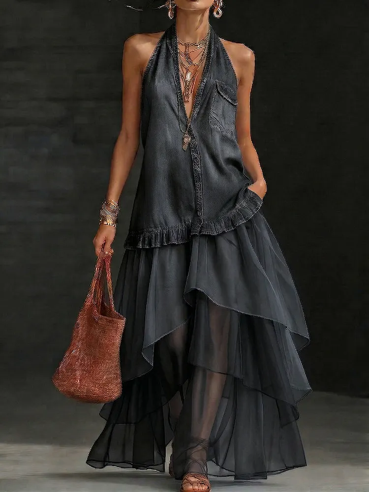Boho Organza Hem Loose-fit Denim Maxi Dress