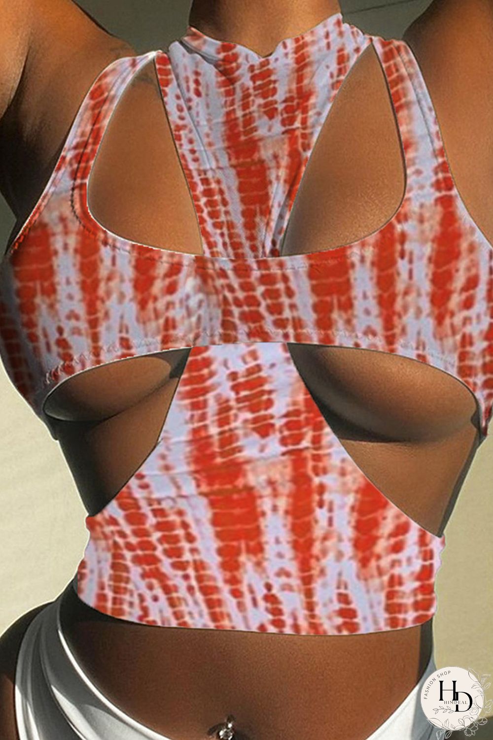 Coffee Fashion Sexy Print Hollowed Out O Neck Tops Two-piece Set