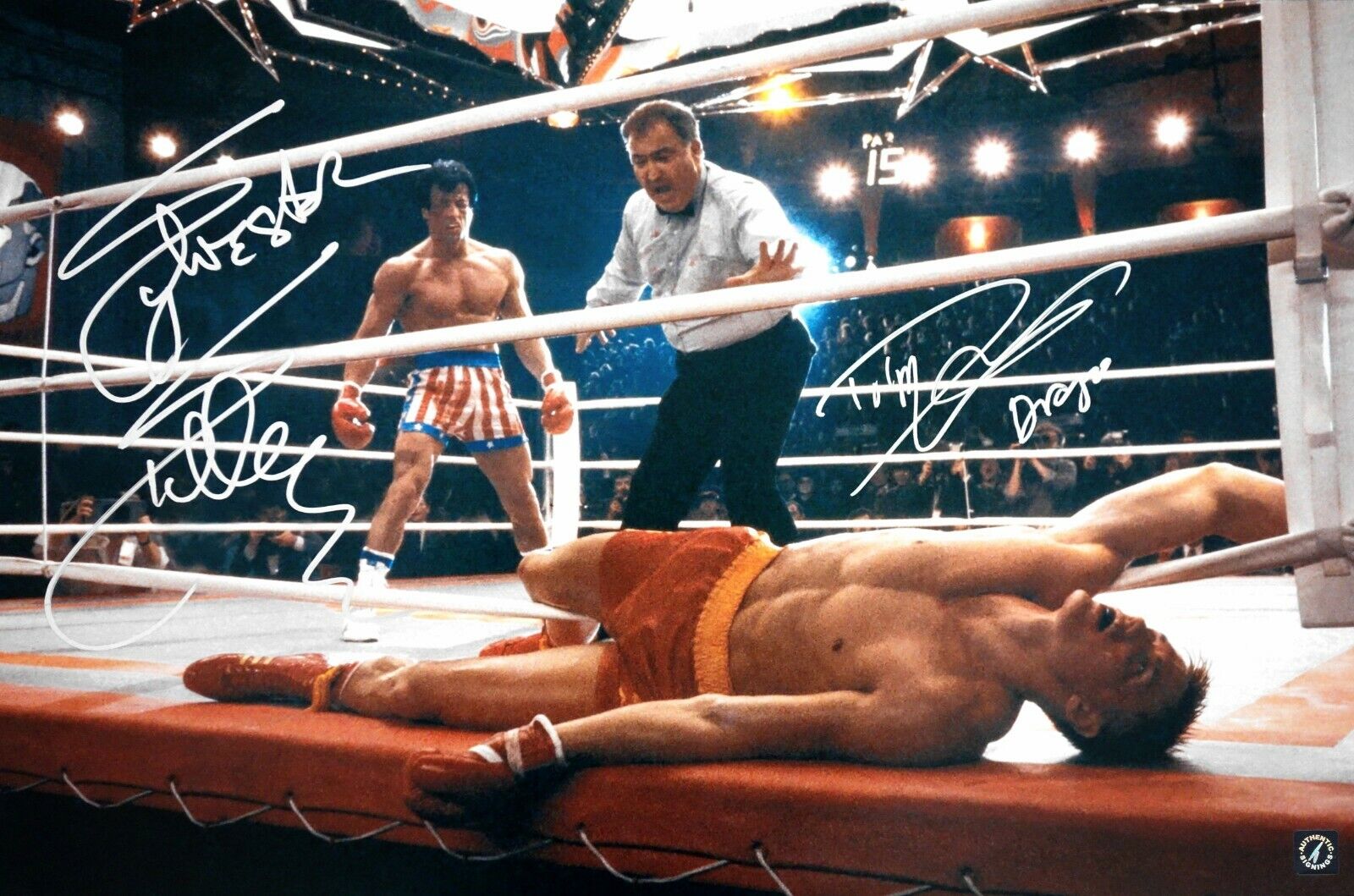 Sylvester Stallone & Lundgren Autographed 16x24 ROCKY IV KO Photo Poster painting 1 ASI Proof