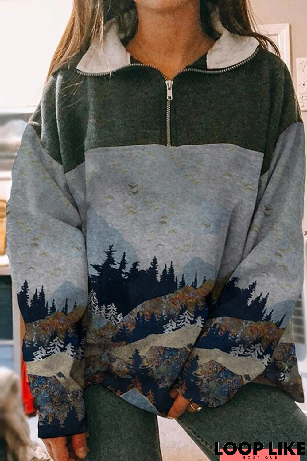 Landscape Print Zip Casual Sweatshirt