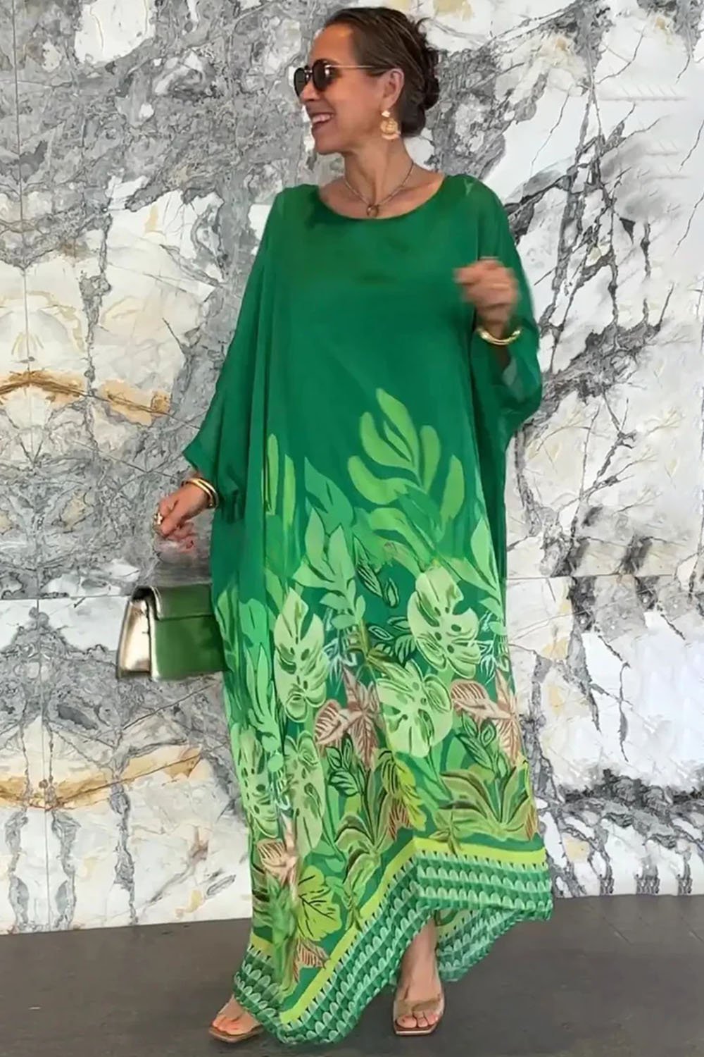 Plus Size Vacation Green Plant Print Batwing Sleeve Maxi Kaftan Dress 2024 - Flycurvy 