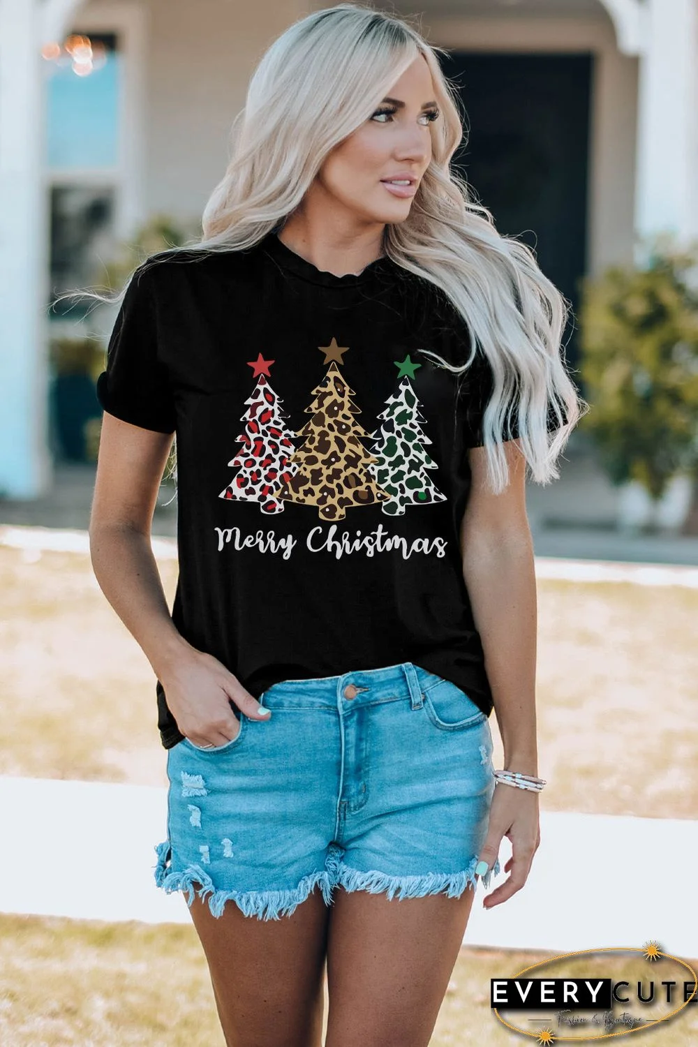 Black Leopard Tree Christmas Graphic Print T Shirt