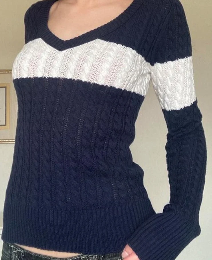 Vstacam 2022 Y2K Fairy Grunge Sweater Tops Women Striped Knitted 2000S Aesthetic E Girl Casual V Neck Long Sleeve Pullovers