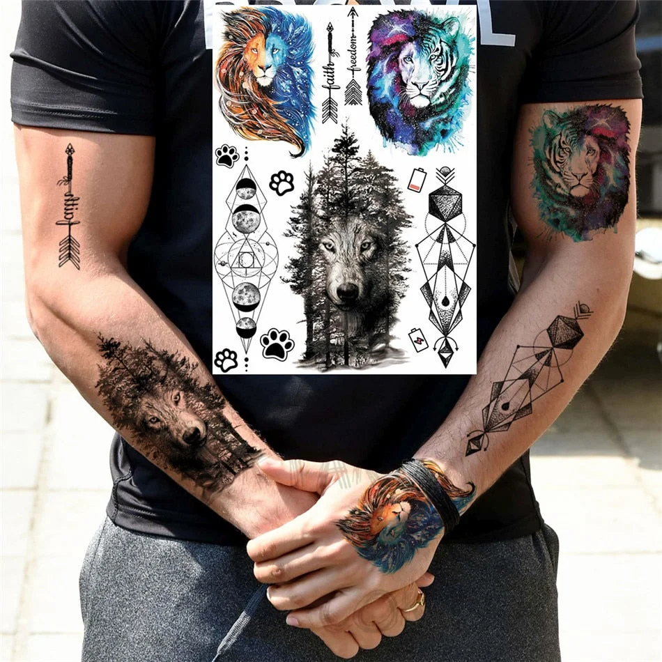 Realistic Fake Black Animal Temporary Tattoos Sticker For Men Women Geometric Wolf Outer Space Tatoo Temporary Decal For Kids