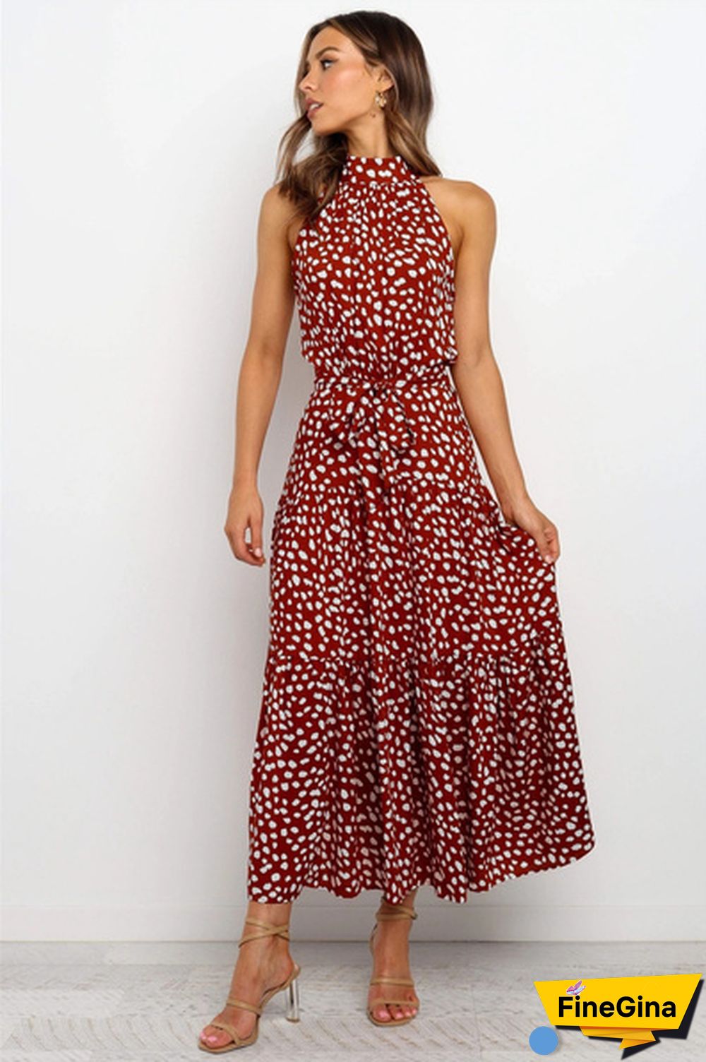 Plus Size Elegant Ladies Dress Sleeveless Collect Waist Polka Dot Long Boho Casual Beach
