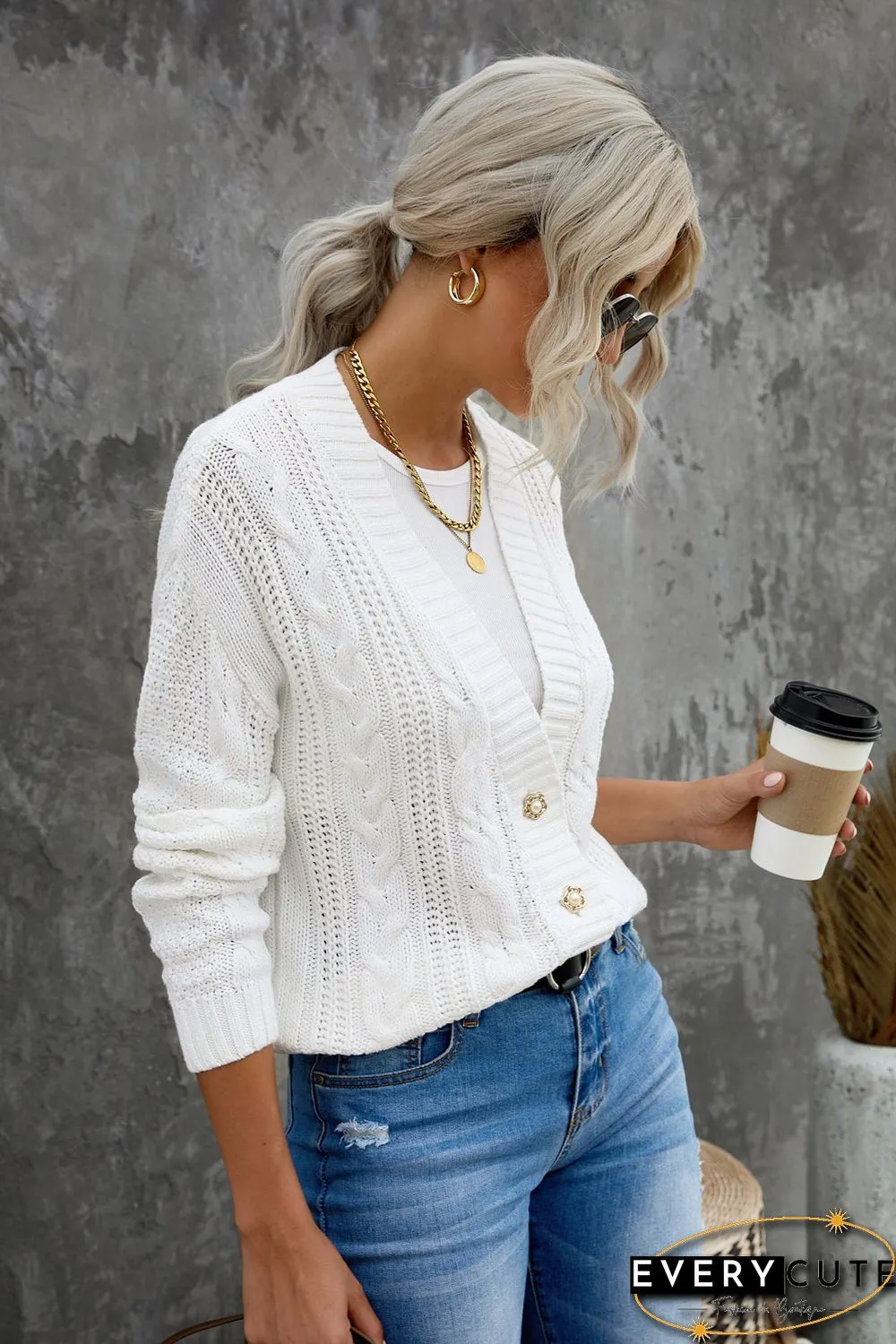 White Buttons Weave Knit Cardigan