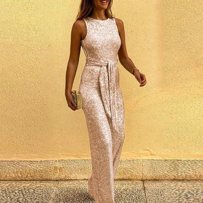 Office Lady sexy Sleeveless sequin Romper Jumpsuit Women backless long pants club Glitter Playsuits Elegant Shiny Belt Overalls