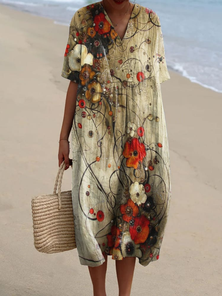 Womens  Poppy Floral Pattern Casual Flowy Dress
