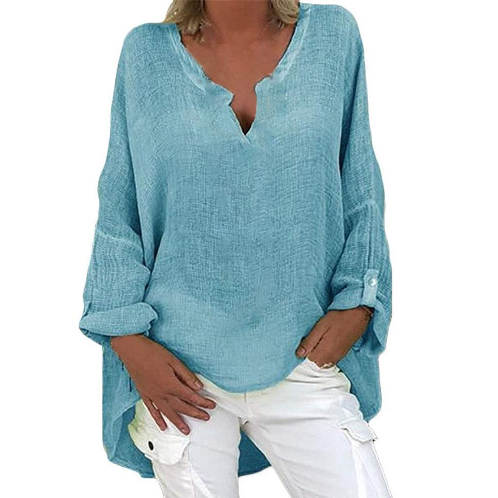 Solid Color Cotton Linen Blouse Women Plus Size Blouses Shirts