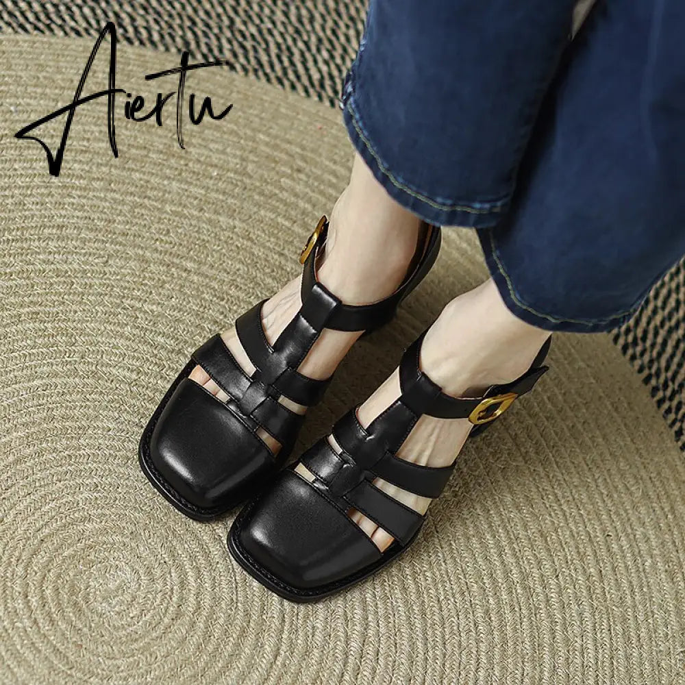 Summer New Shallow Rome Thick Med Heels Shoes Buckle Strap Genuine Leather Sandals Women Ladies Dress Shoes Women Sandals Aiertu