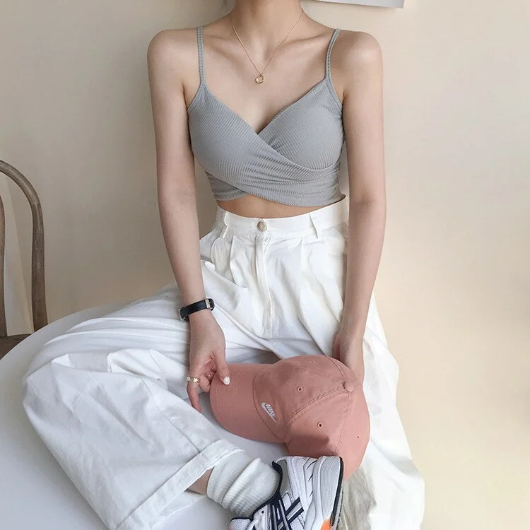 Tank Top Wrap Deep V Neck Cut Out Screw Thread Halter Crop Tops Women Sleeveless Camisole Female Cropped Vest