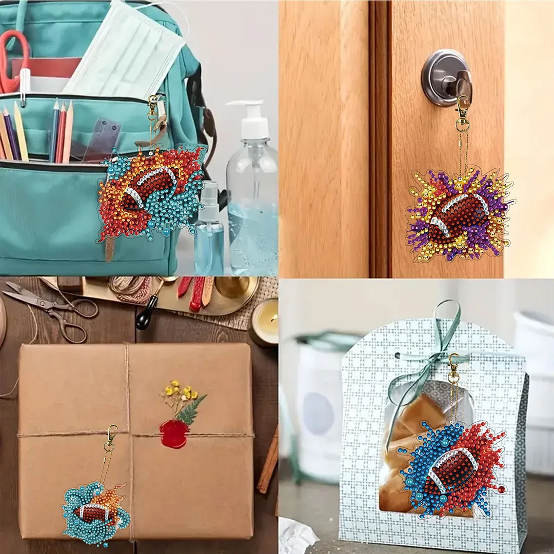 15Pcs Rugby DiY Double-Sided Diamond Art Keychain Ornaments Party Crafts Decor