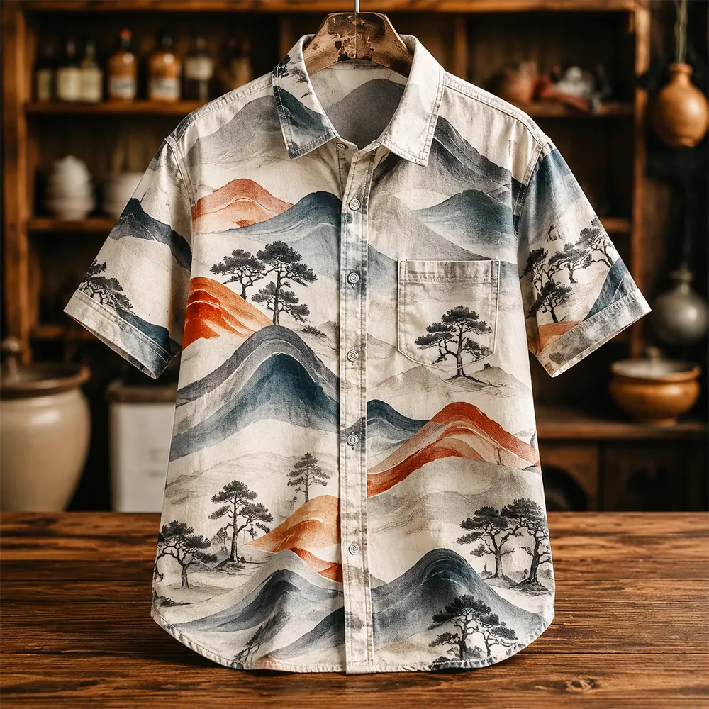 Men's Japanese Vintage Landscape Mountain & Pine Tree Print Short-sleeve Shirt  artssus