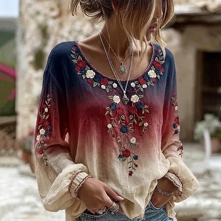 Women's Independent Floral Pattern Gradient Crew Neck Linen Blend T-shirt