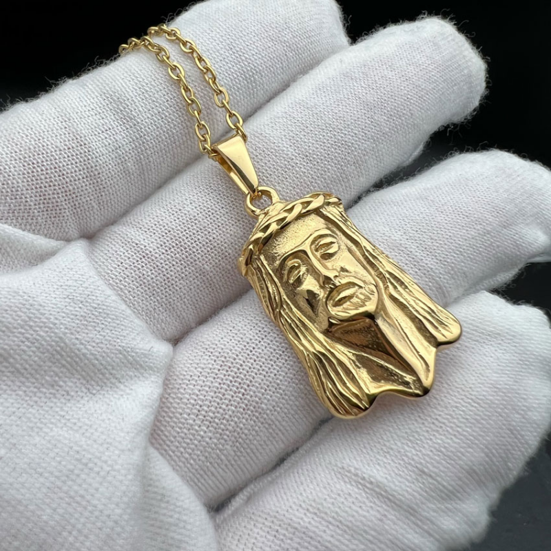 Jesus Head Pendant Chain Gold Necklace Jewelry-VESSFUL
