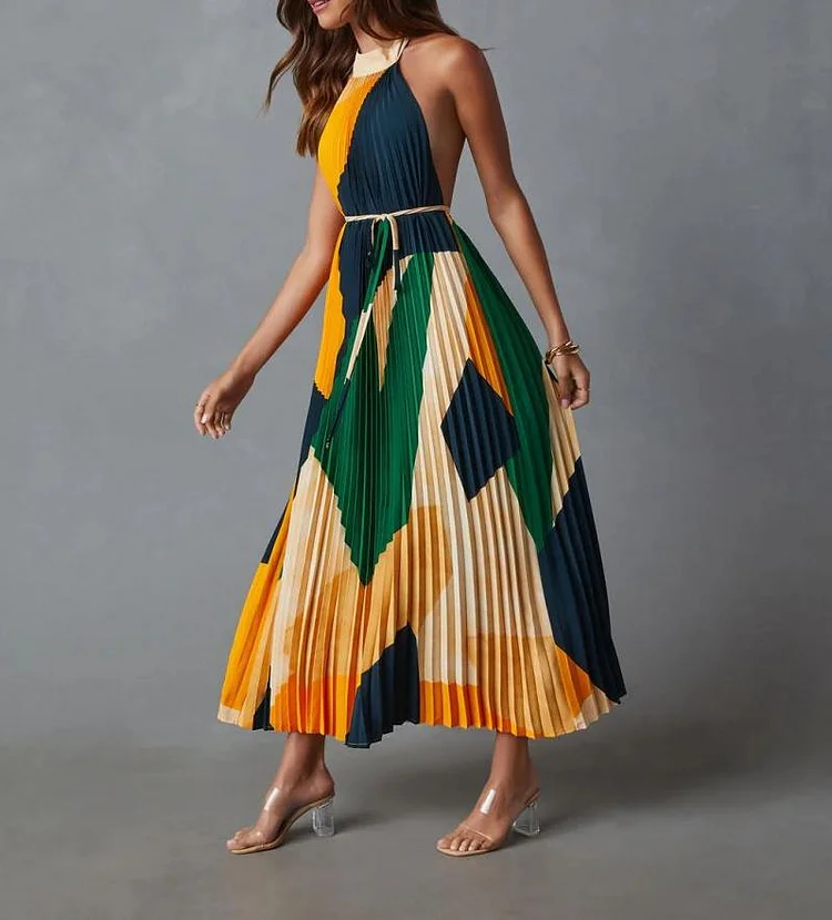 Backless Bandage Folding Printing Organ Pleated Dress