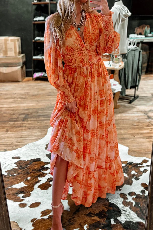 Romantic Floral Print V-Neck Long Sleeves Maxi Dress