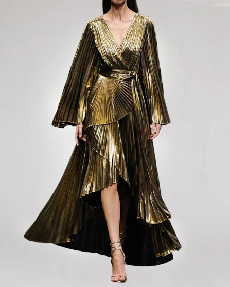 V Neck Pleated Irregular Maxi Dress
