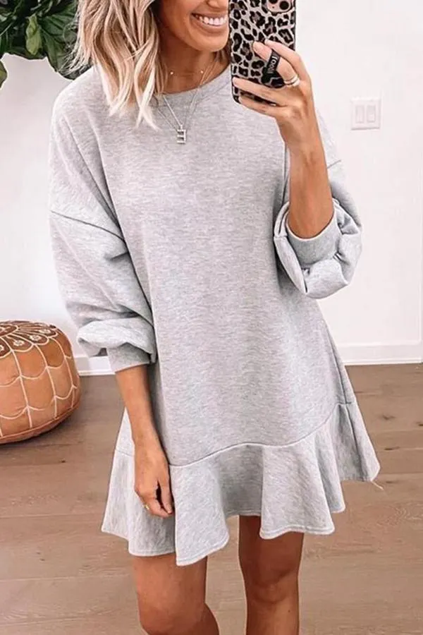 Lantern Sleeve Solid Ruffle Hem Dress