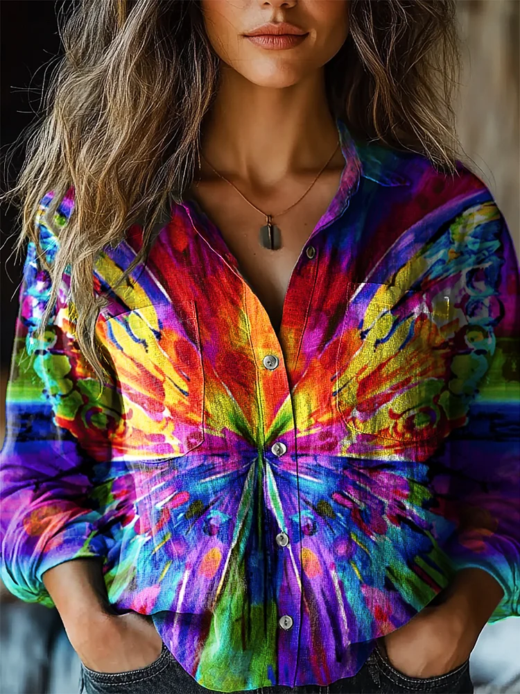 Women's Hippie Butterfly Art Print Casual Long Sleeve Comfortable Cotton Shirt