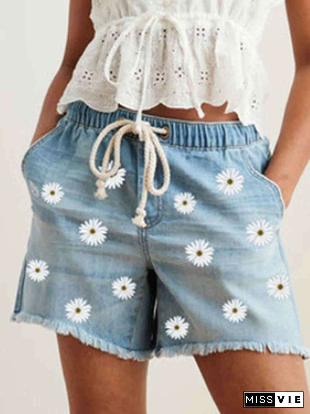 Ladies Elastic Waist Denim Casual Shorts