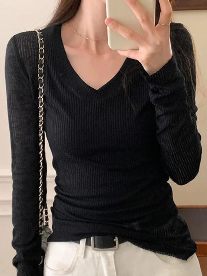 Brownm Ribbed V Neck Slim Long Sleeve Knit