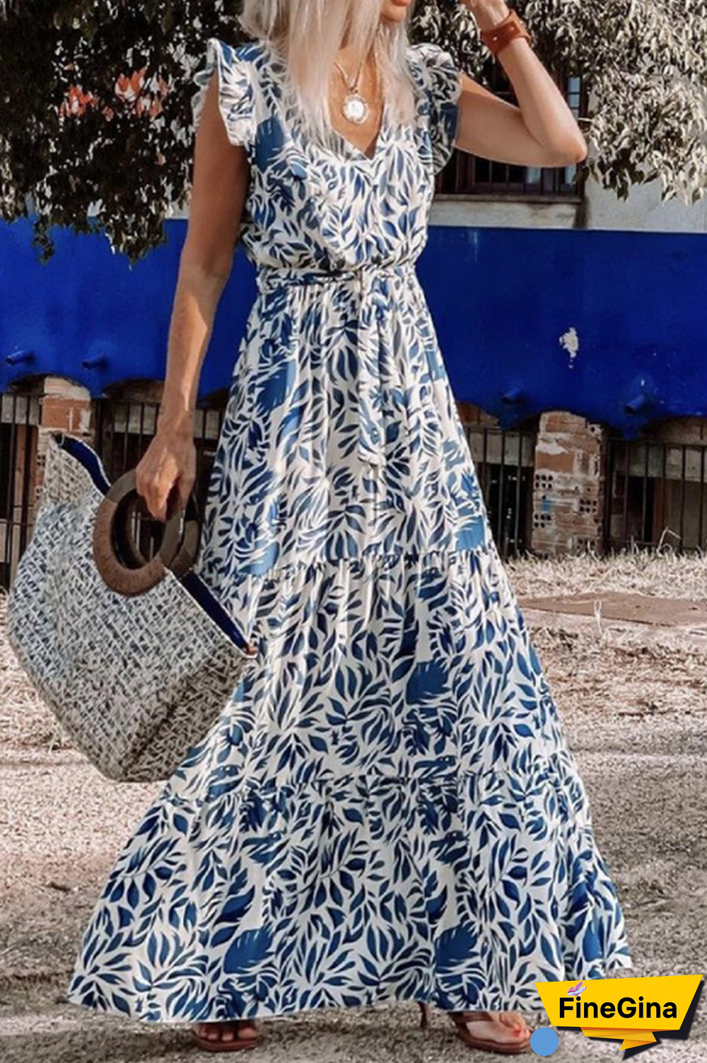 Casual Print Flounce V Neck Cake Skirt Dresses