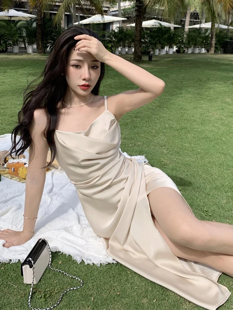 Billlnai Women Summer Backless Elegant Sexy Spaghetti Straps Midi Dress Female Fashion Sleeveless Split Bodycon Clothes Vestdios