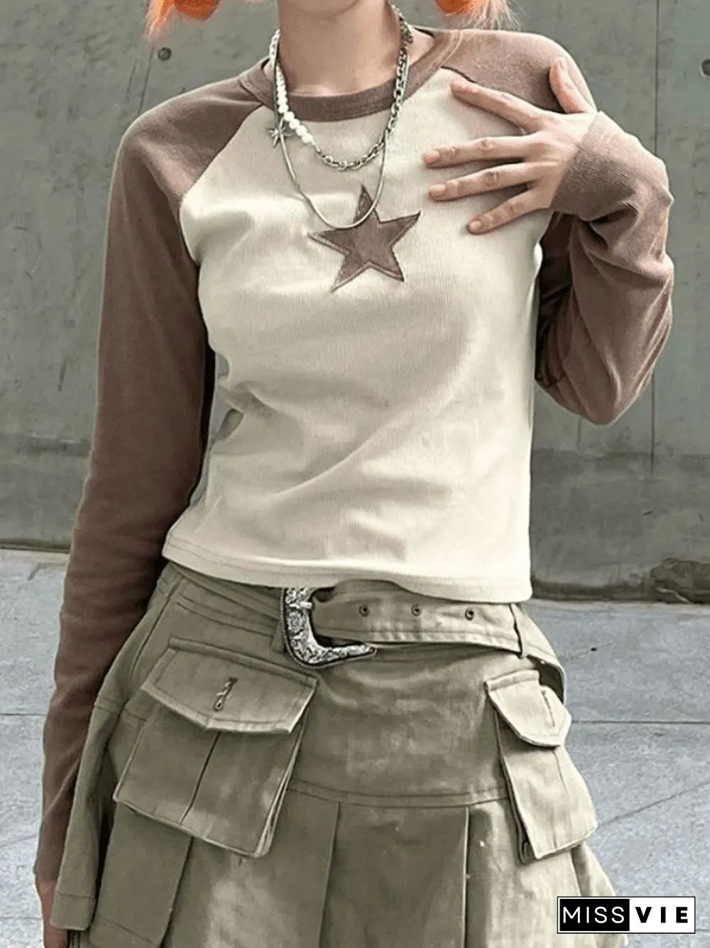 Raglan Sleeve Star Patch Knit Crop Top