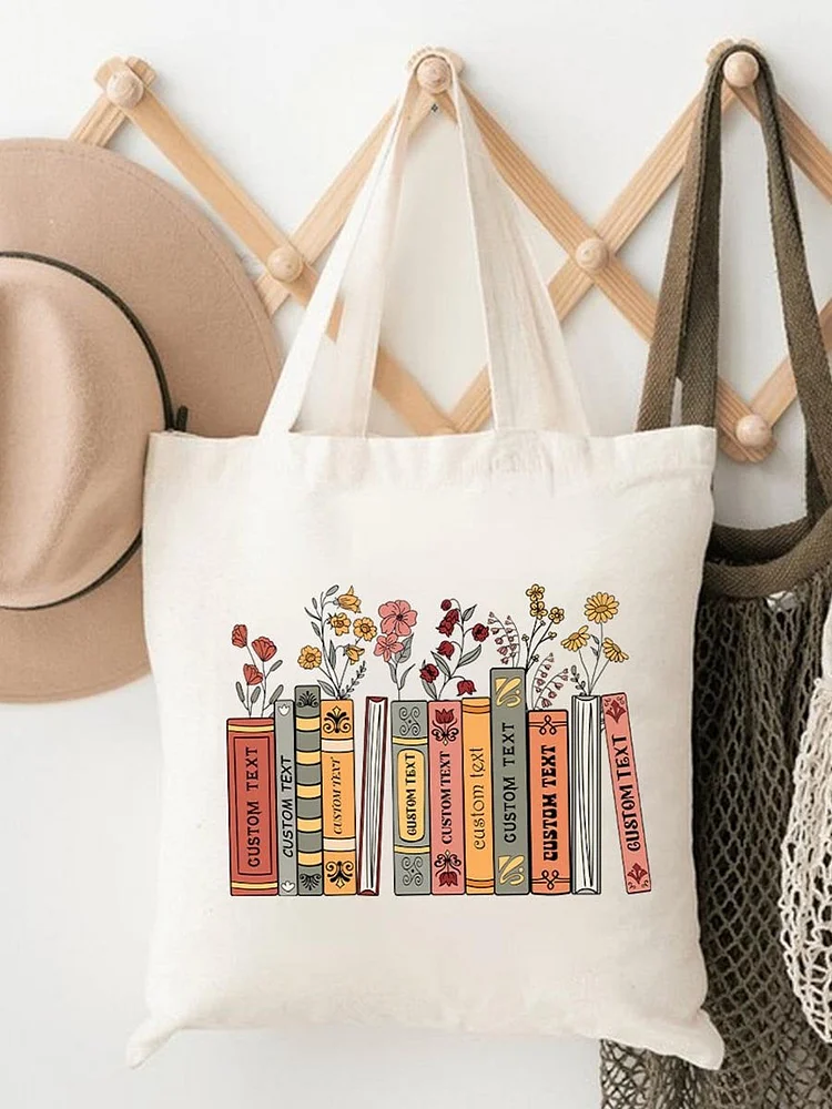 Custom Text Book Flower Print Pattern Linen Tote Bag