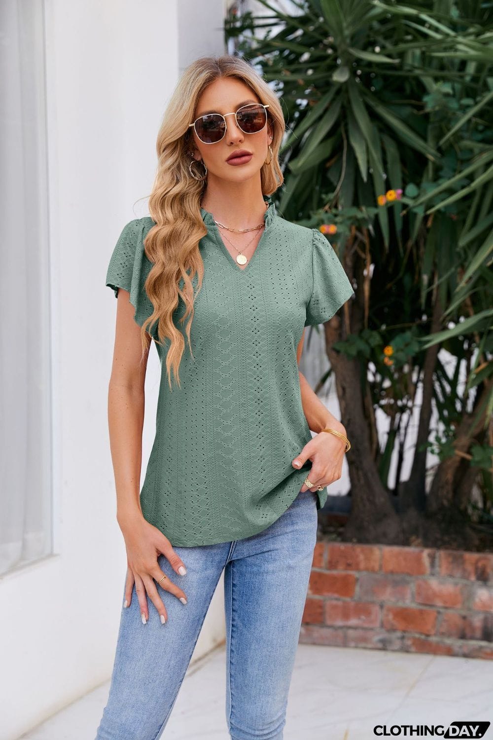 Notched Neck Puff Sleeve Blouse