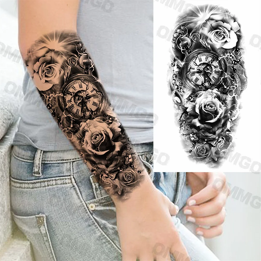 Sdrawing Rose Flower Skeleton Temporary Tattoos For Women Adult Girl Lion Tiger Crown Fake Tattoo Body Art Painting Tatoo Decal