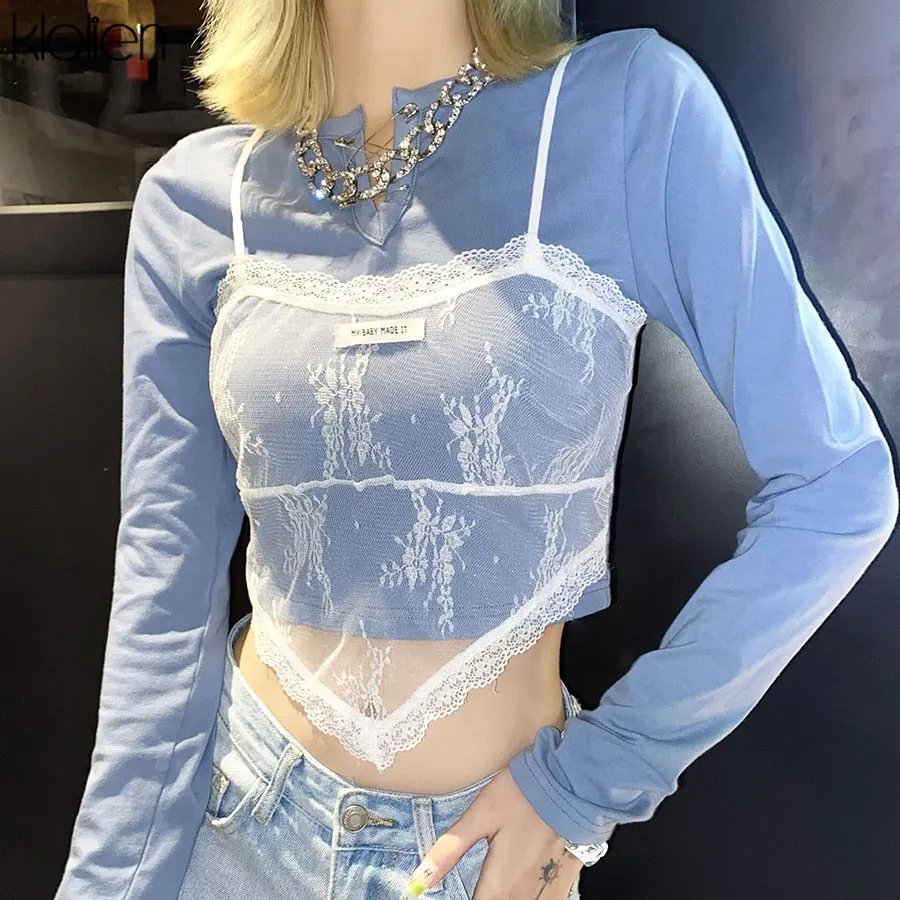 KLALIEN Fashion Casual Lace 2 Pieces T Shirt For Women Autumn New Simple Solid Soft Cotton Wild Basic Female Top Office Lady