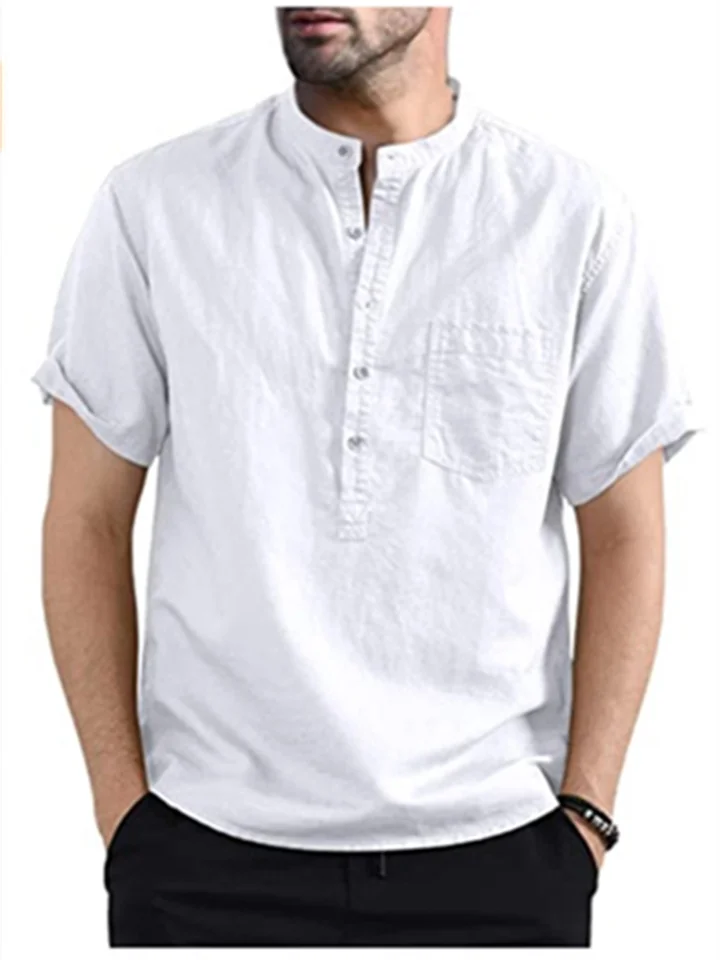 Cotton Linen Shirt Summer Men's Solid Color Pocket Short Sleeve Shirt Tops White Black Blue Pink