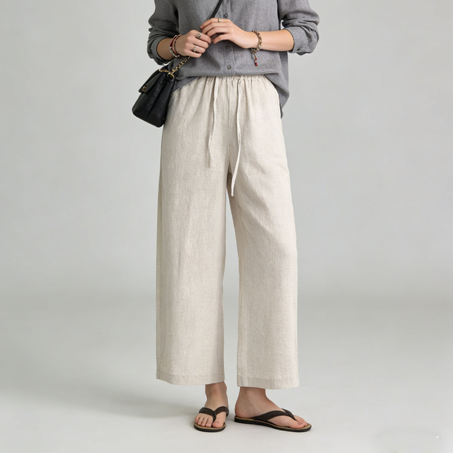 100% Linen Pants for Women Wide Leg Cropped Trousers with Drawstring REAL SILK LIFE