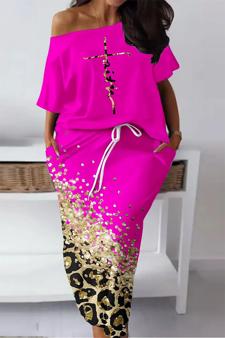 Plus Size Hot Pink Casual All Over Print With Pocket Midi Dress