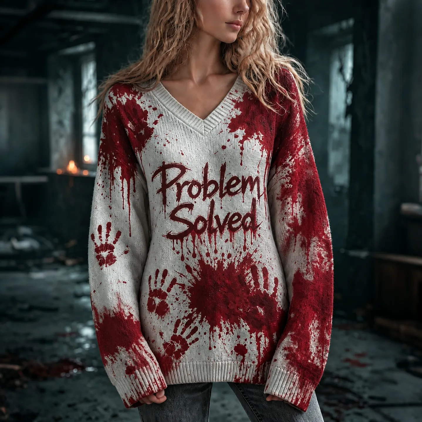 Comstylish Women's Vintage Problem Solved In Bloody Print Knitted Comfort V Neck Sweater