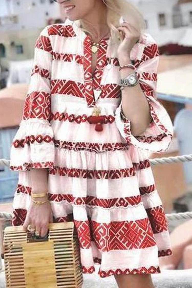 Casual Print Split Joint V Neck Cake Skirt Dresses