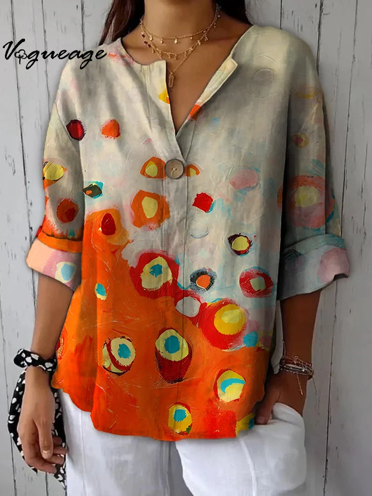 Bright And Elegant Oil Painting Spots Printed Cotton And Linen Shirt